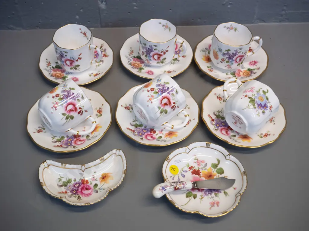 Royal Crown Derby Posies pattern set of 6 coffee cups & saucers, butter dish & knife and another small dish Image 1++