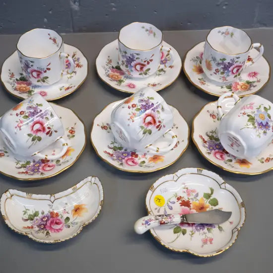 Royal Crown Derby Posies pattern set of 6 coffee cups & saucers, butter dish & knife and another small dish
