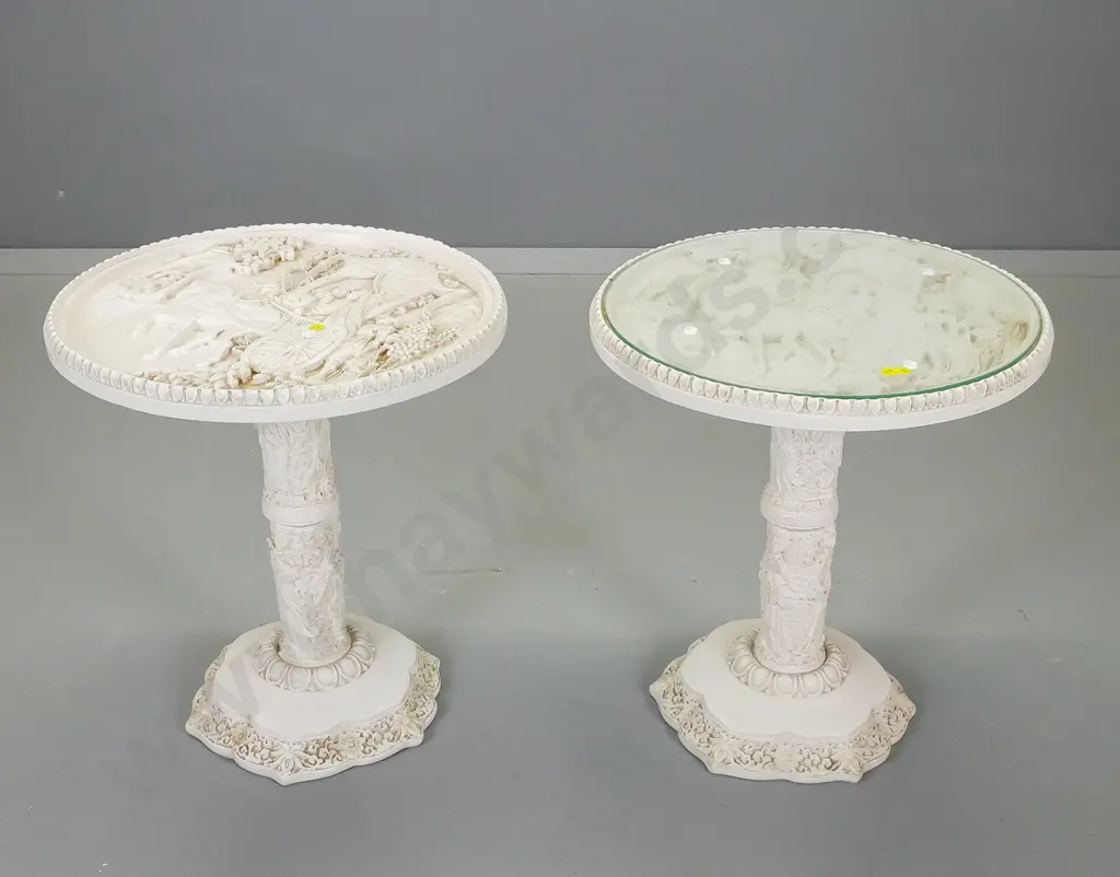 pair of Asian composite side tables with relief pattern horse and carriage motif tops, one has glass top H470 D-420 Image 1++