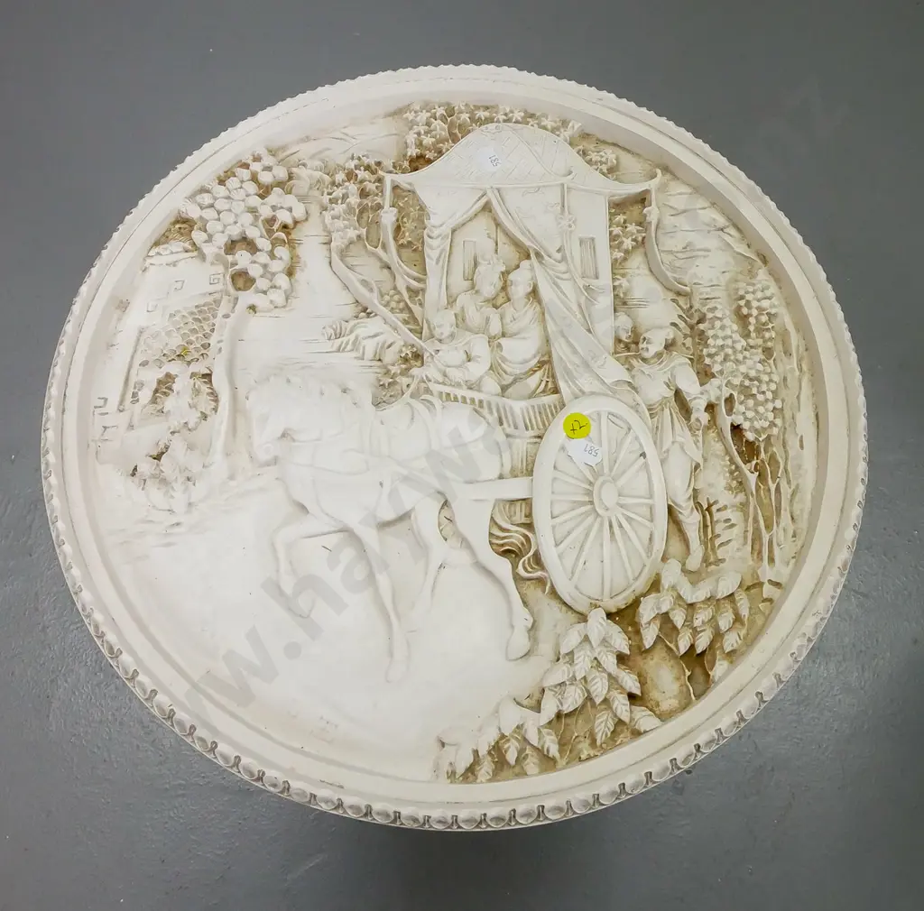 pair of Asian composite side tables with relief pattern horse and carriage motif tops, one has glass top H470 D-420 Image 1++