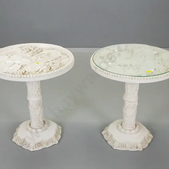 pair of Asian composite side tables with relief pattern horse and carriage motif tops, one has glass top H470 D-420
