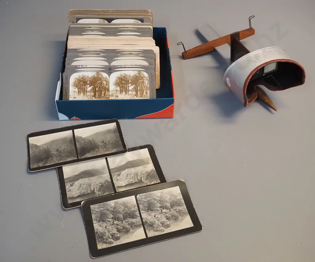 vintage stereoscope with assorted stereo cards - Buller River New Zealand and various international subjects Image 1++