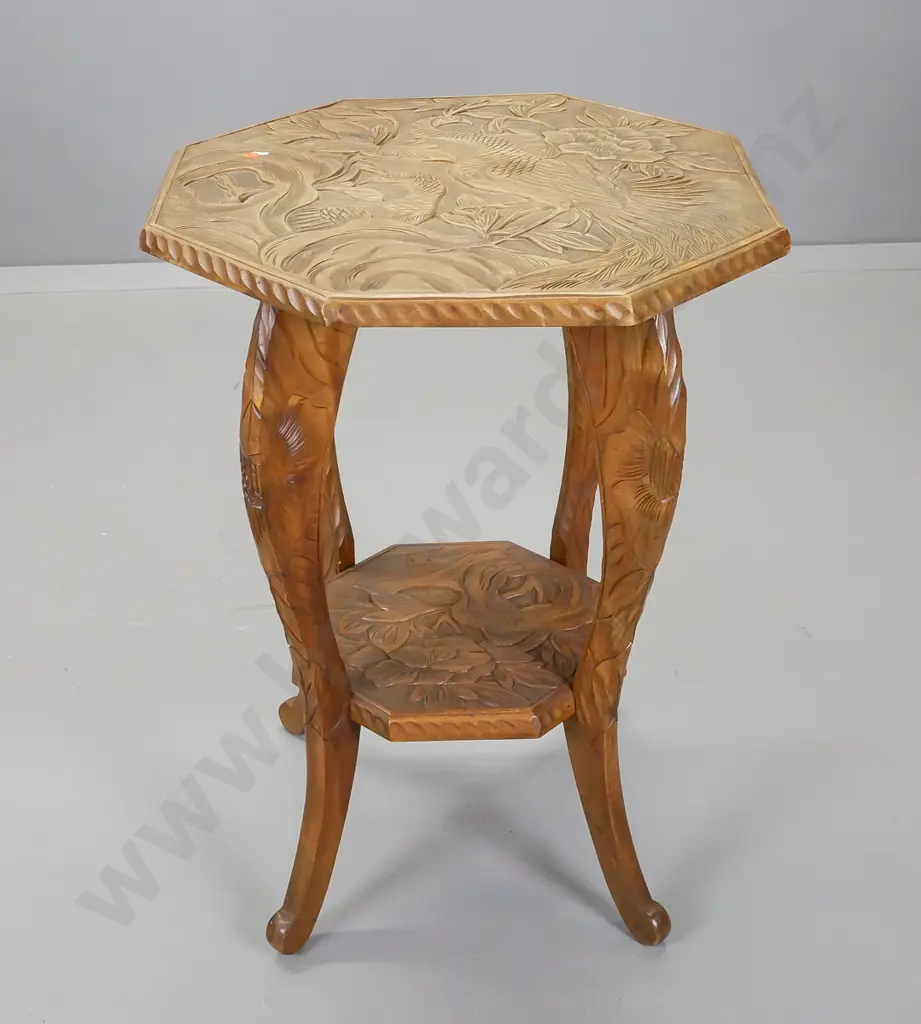 vintage asian fruitwood octagonal top table, having carved peacocks and foliate decoration to top Image 1++