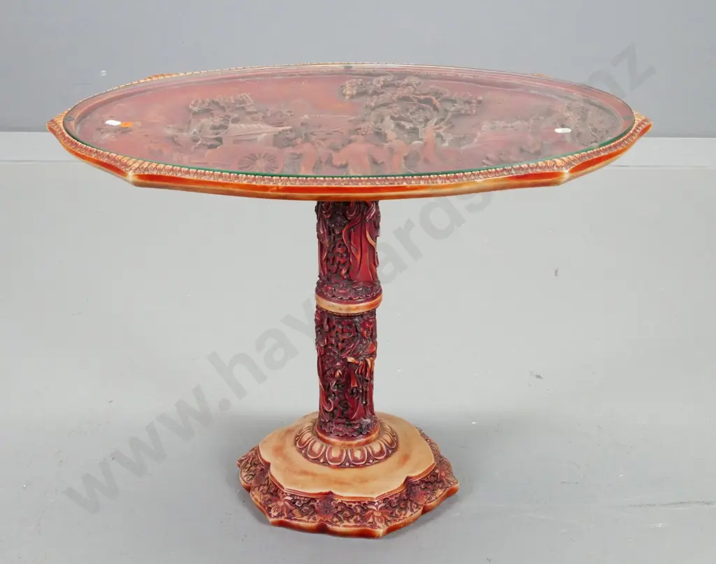 moulded composite oriental style oval pedestal occasional table with glass top H-480 L-670 W-380 Image 1++