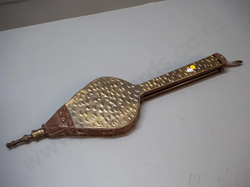 pair of vintage long-handled beaten brass, timber and leather bellows L-630 Image 1++