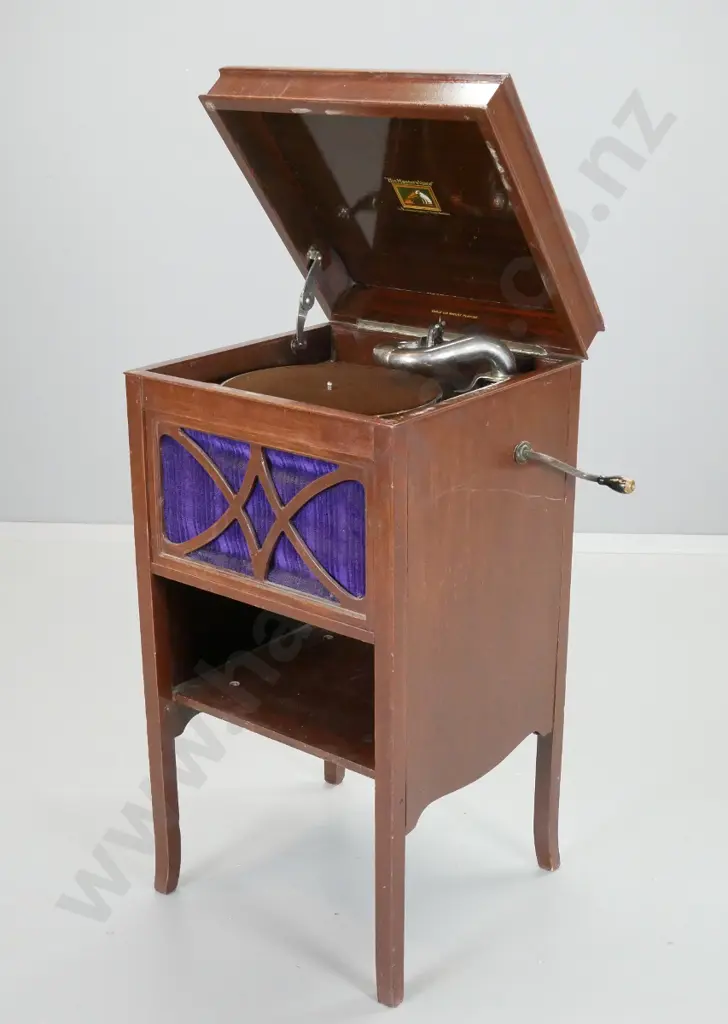 His Master's Voice gramophone in mahogany cabinet, with  large assortment of records, tin of needles H-870 W-450 D-430 Image 1++