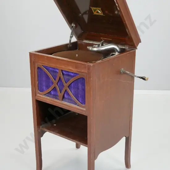 His Master's Voice gramophone in mahogany cabinet, with  large assortment of records, tin of needles H-870 W-450 D-430
