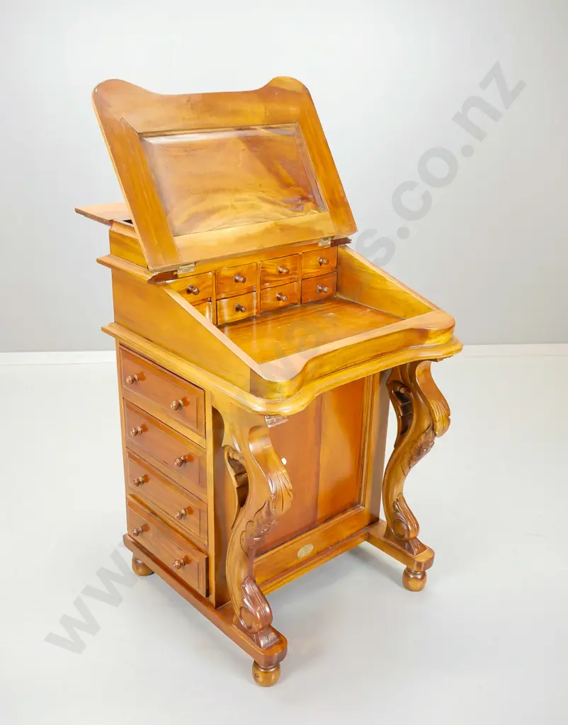 reproduction mahogany davenport , pen box above slope fronted writing surface with green leather insert, Image 1++