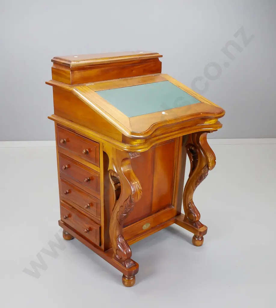 reproduction mahogany davenport , pen box above slope fronted writing surface with green leather insert, Image 1++