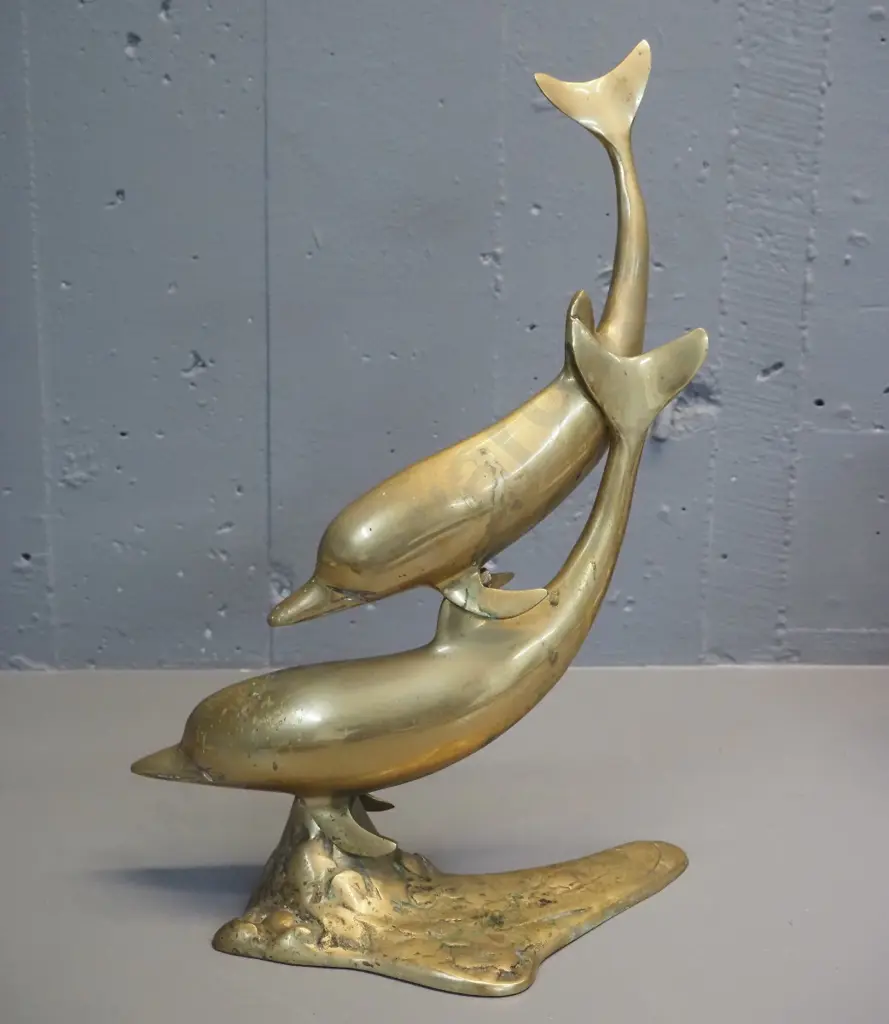brass figure of 2 swimming dolphins - some pitting, needs cleaning H-440 W-300 Image 1++