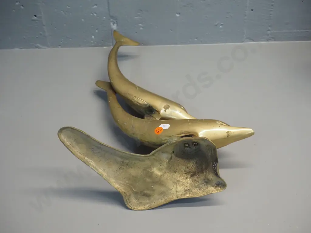brass figure of 2 swimming dolphins - some pitting, needs cleaning H-440 W-300 Image 1++