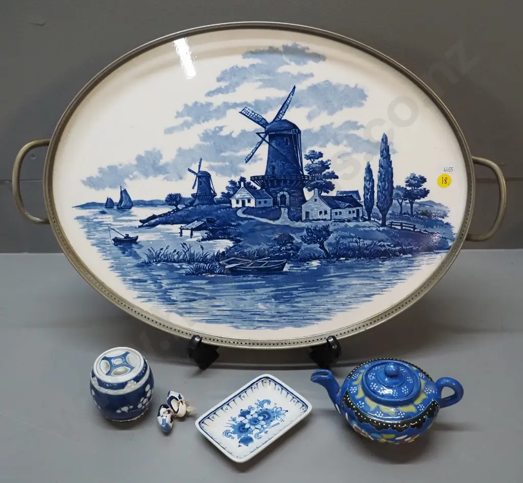 delft style blue and white ceramic and metal tray L- 470 W- 320, small Delft plate, miniature clogs, floral teapot etc Image 1++