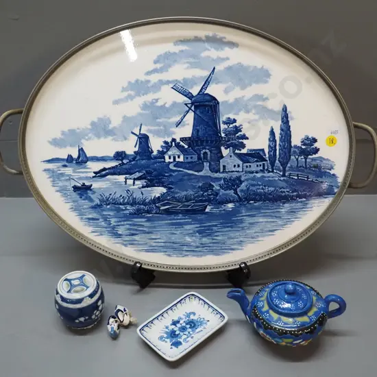 delft style blue and white ceramic and metal tray L- 470 W- 320, small Delft plate, miniature clogs, floral teapot etc