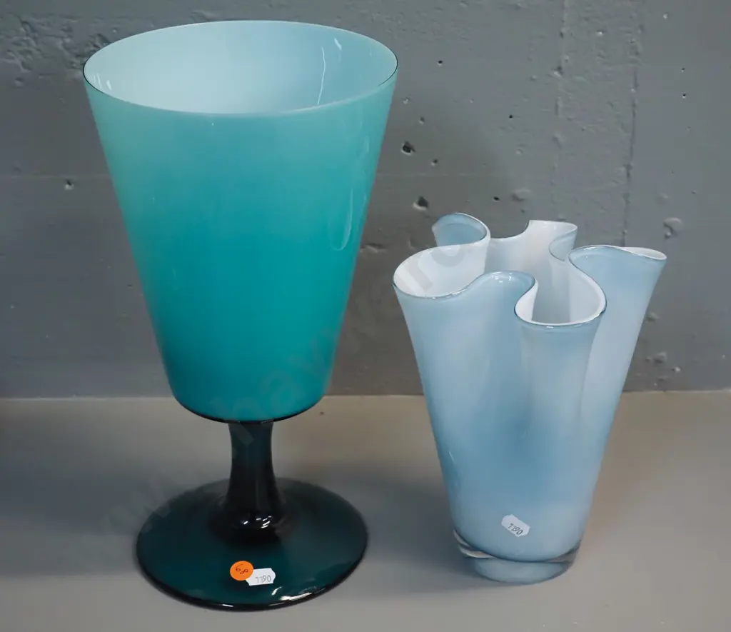 2 art glass vases - pale blue white lined and a large teal and white goblet H-310 D-170 Image 1++