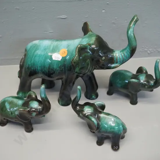 4 Blue Mountain pottery elephants - large H-210 L-240 and 3 small ones