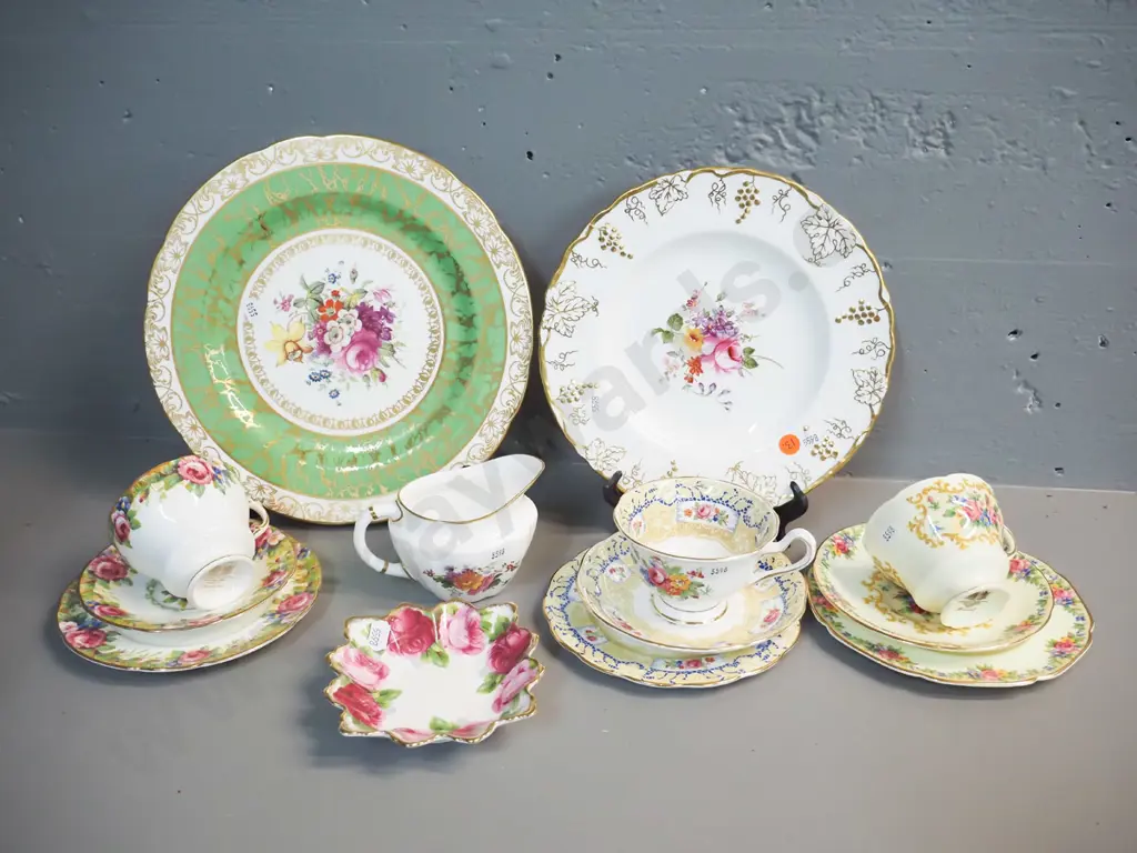 assorted English china items - 3 trios including 2 Paragon, 1 Royal Albert, a Crown Derby cabinet plate & posies jug, Image 1++