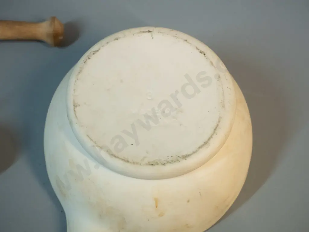 3 mortars and pestles - larger is D-150, wooden handled pestle - some staining and wear Image 1++