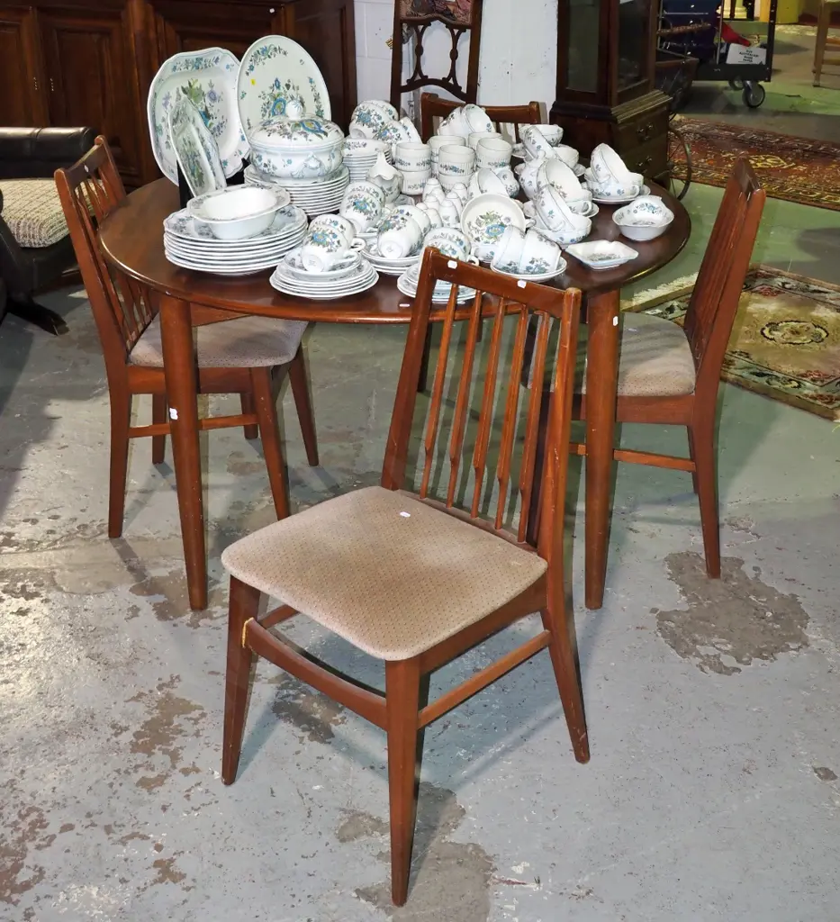 mid-century teak circular dining table with 4 matching upholstered chairs - some scratching and tarnishing Image 1++