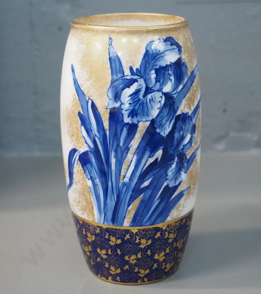 Royal Doulton blue iris vase H-180 - 2 tiny flecks to gold rim Image 1++