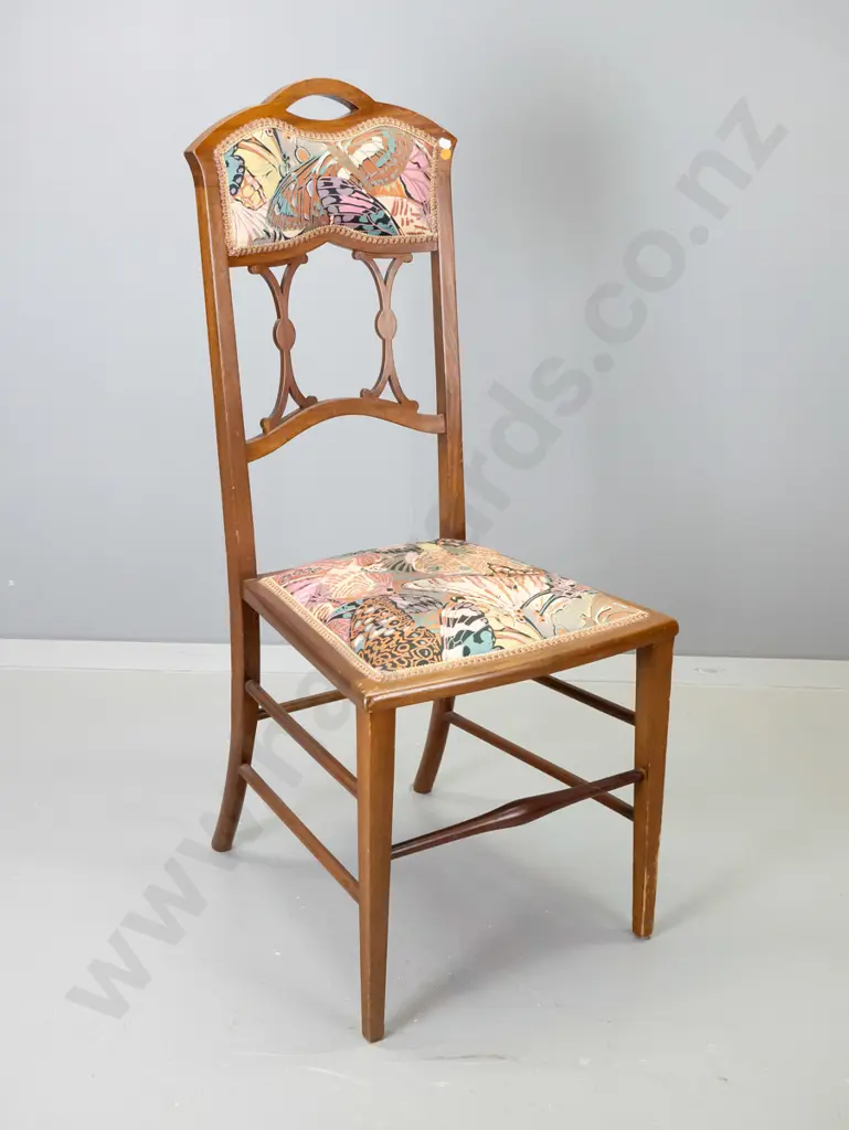 Victorian mahogany bedroom or hall chair with fretted detail on back, butterfly pattern cotton sateen fabric H1010 W430 Image 1++
