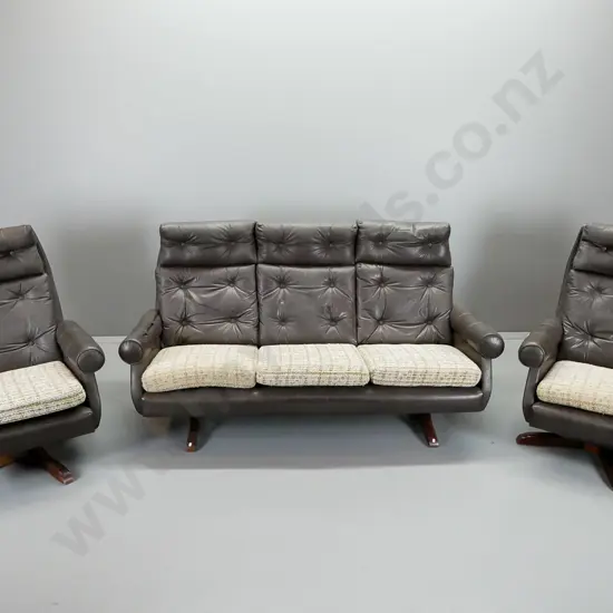 retro 3-piece lounge suite with 3-seater settee and 2 swivel rocker chairs in brown vinyl and tweed fabric seats - arms