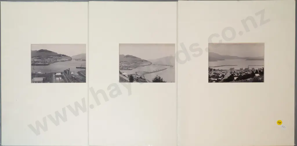 3 early photographs of Lyttleton Harbour mounted on mat board - photos are H-110 W-145, board is H-410 W-310 Image 1++