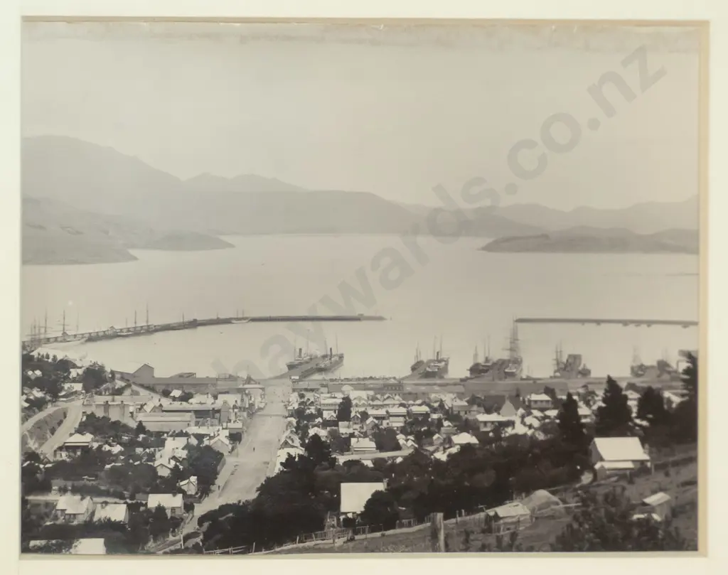 3 early photographs of Lyttleton Harbour mounted on mat board - photos are H-110 W-145, board is H-410 W-310 Image 1++