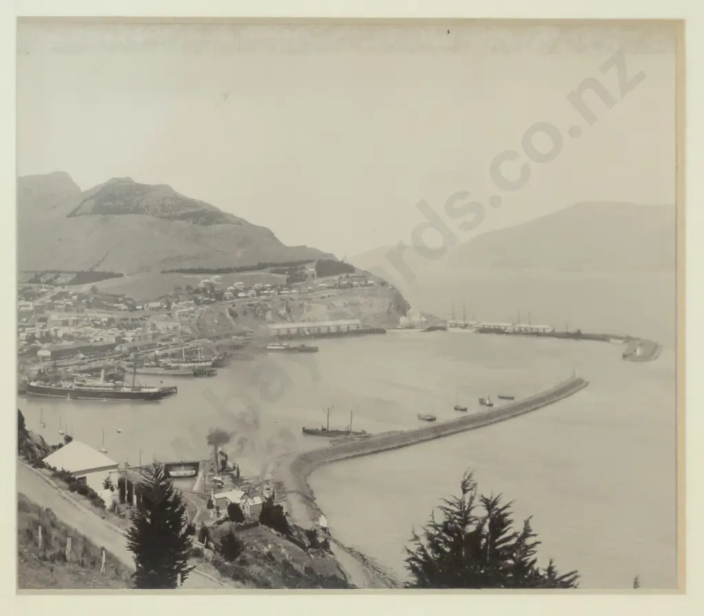 3 early photographs of Lyttleton Harbour mounted on mat board - photos are H-110 W-145, board is H-410 W-310 Image 1++