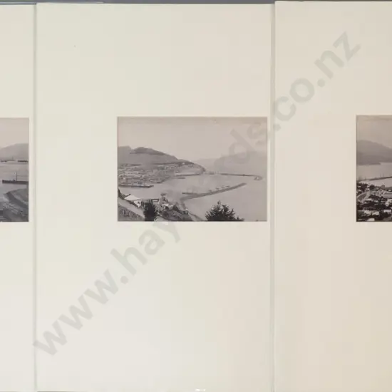 3 early photographs of Lyttleton Harbour mounted on mat board - photos are H-110 W-145, board is H-410 W-310