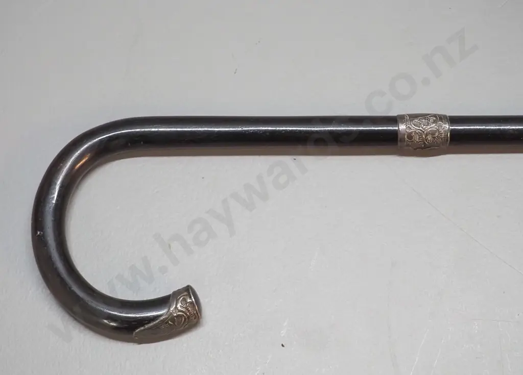vintage ebonised timber walking stick with sterling silver band and cap and a brass tip L-855 Image 1++
