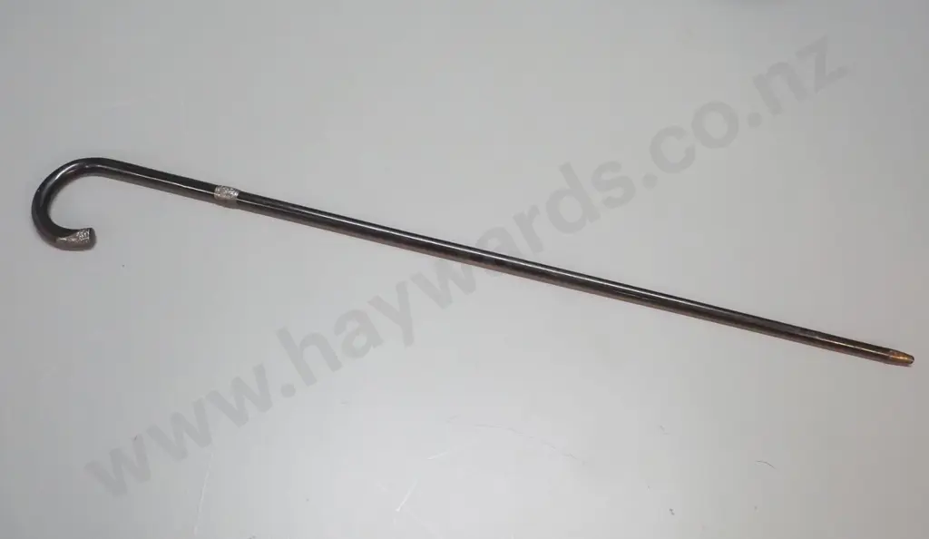 vintage ebonised timber walking stick with sterling silver band and cap and a brass tip L-855 Image 1++