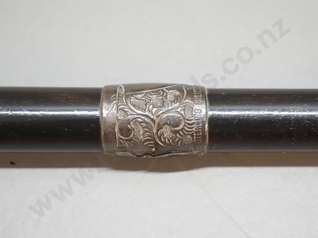 vintage ebonised timber walking stick with sterling silver band and cap and a brass tip L-855 Image 1++