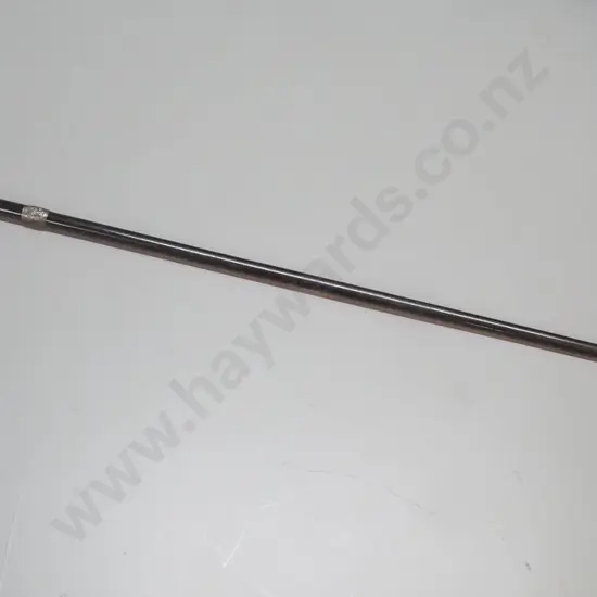 vintage ebonised timber walking stick with sterling silver band and cap and a brass tip L-855