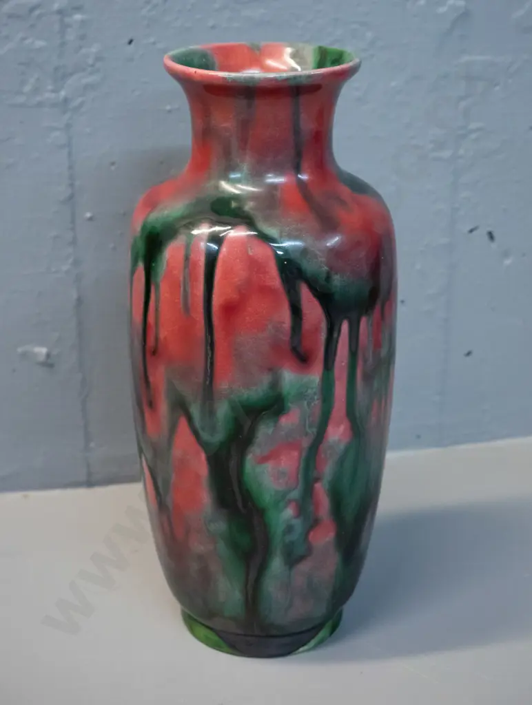 Minton Hollins vase with green and red trickle glaze H-260 Image 1++