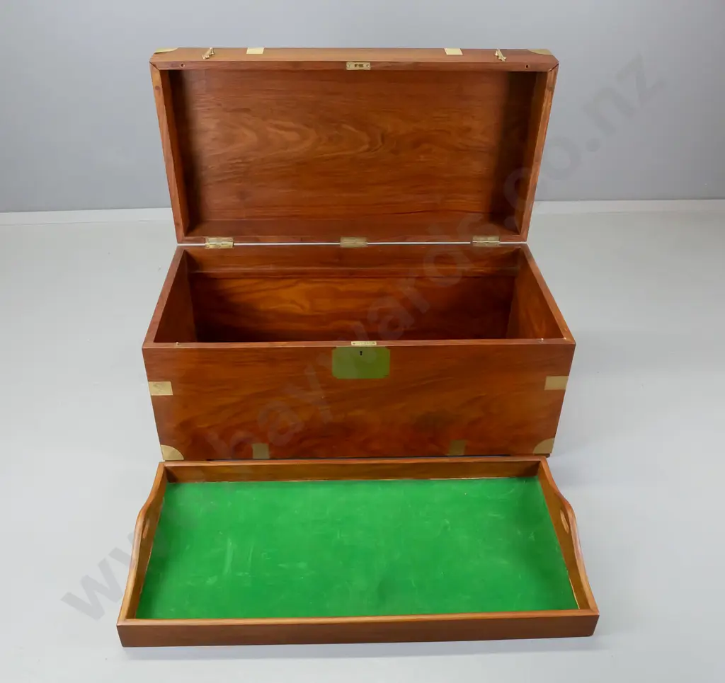 large timber storage chest with brass binding and strapping, iron handles, lift-out tray H-470 W-950 D-485 Image 1++