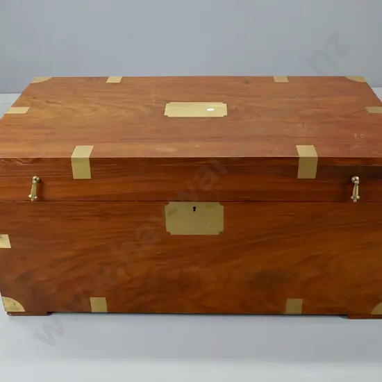 large timber storage chest with brass binding and strapping, iron handles, lift-out tray H-470 W-950 D-485