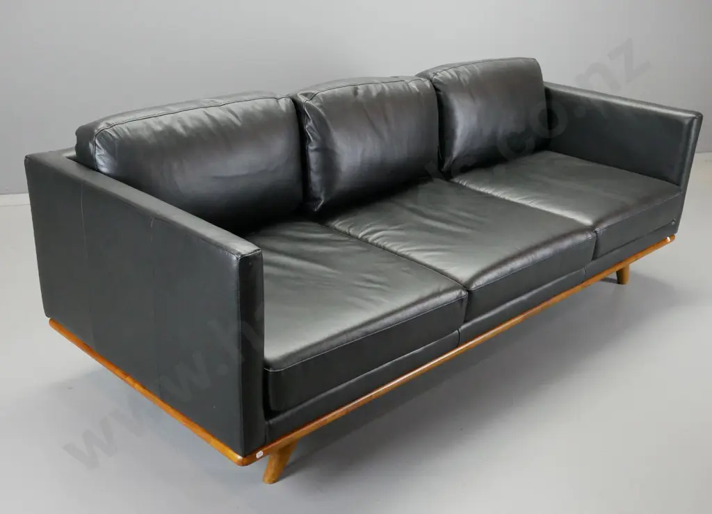 contemporary black leather 3-seater settee with timber base and legs, made in Vietnam H-750 W-2070 D-860 Image 1++