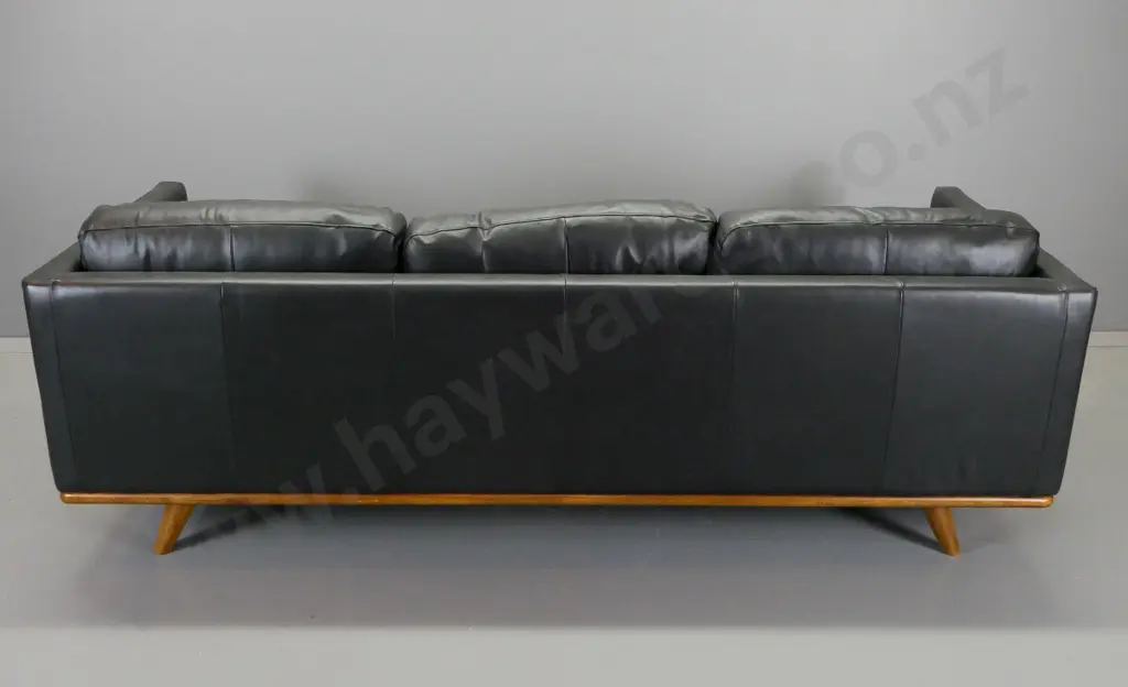 contemporary black leather 3-seater settee with timber base and legs, made in Vietnam H-750 W-2070 D-860 Image 1++