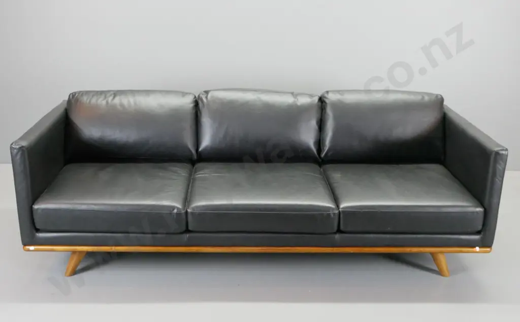 contemporary black leather 3-seater settee with timber base and legs, made in Vietnam H-750 W-2070 D-860 Image 1++