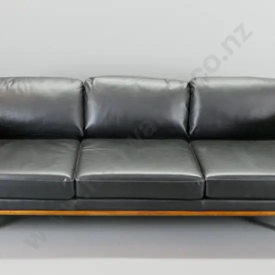 contemporary black leather 3-seater settee with timber base and legs, made in Vietnam H-750 W-2070 D-860