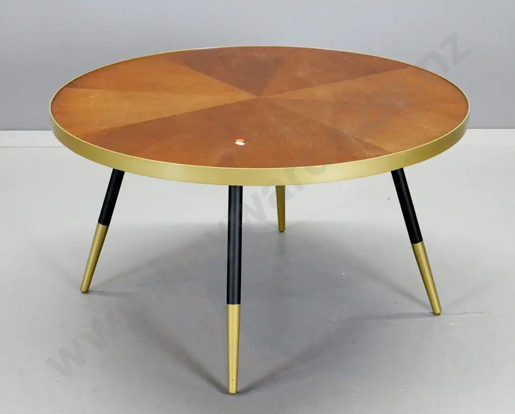 mid-century round coffee table with sunburst veneer top,  metal banded edge and metal legs H-450 D-810 Image 1++