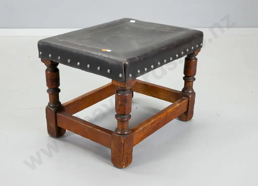 small oak turned leg stool having studded leather top and carved pattern H - 320, W- 420, D -310 Image 1++