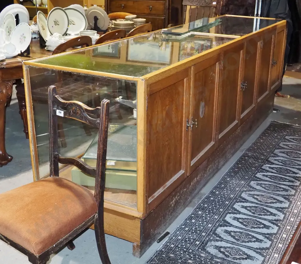 vintage very large glazed oak shop counter display cabinet w/adjustable glass shelves, 6 hinged  timber doors, original Image 1++