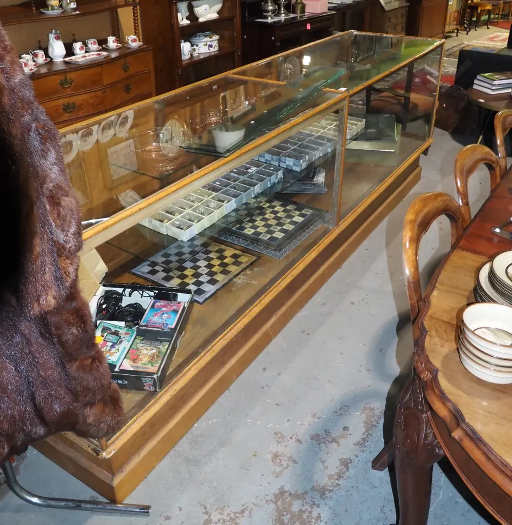 vintage very large glazed oak shop counter display cabinet w/adjustable glass shelves, 6 hinged  timber doors, original Image 1++