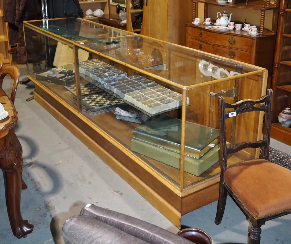 vintage very large glazed oak shop counter display cabinet w/adjustable glass shelves, 6 hinged  timber doors, original Image 1++