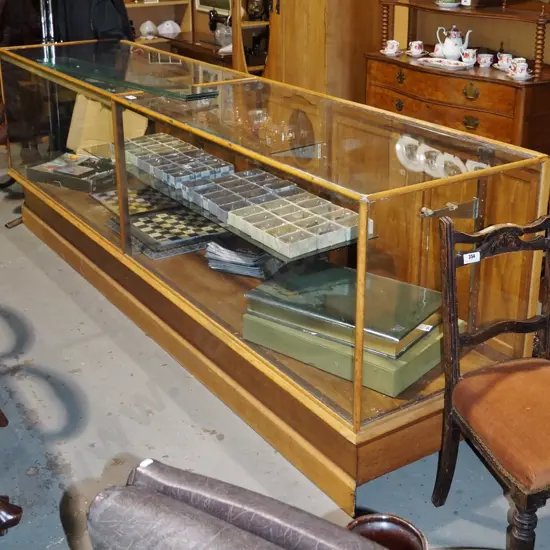 vintage very large glazed oak shop counter display cabinet w/adjustable glass shelves, 6 hinged  timber doors, original
