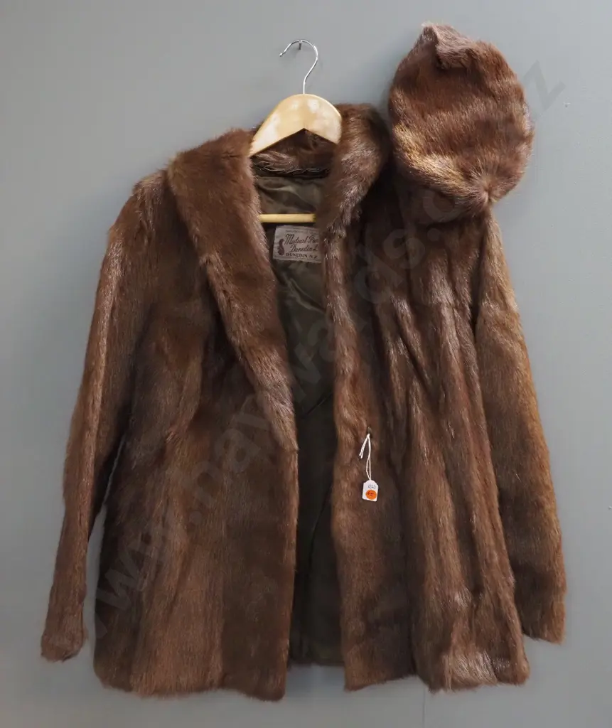 short fur jacket with Mutual Furs Dunedin label and a matching cap Image 1++