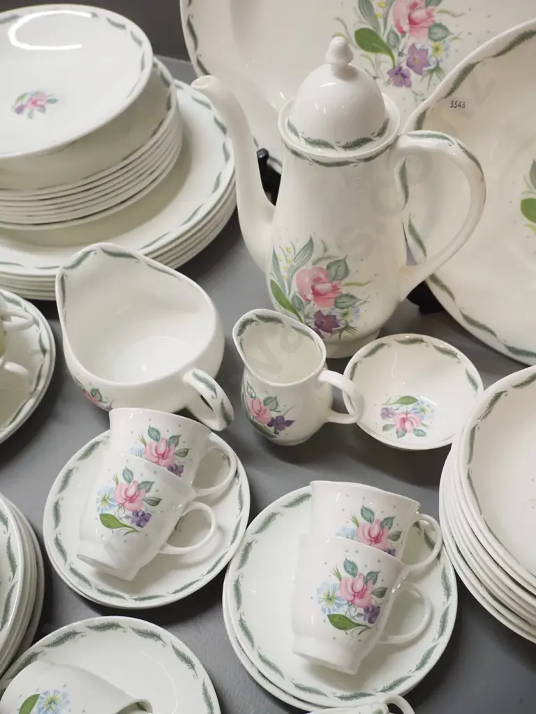 large quantity of Susie Cooper "Fragrance" dinnerware including 8 trios, 6-piece coffee set with pot, ashetts, 6 dinner, Image 1++