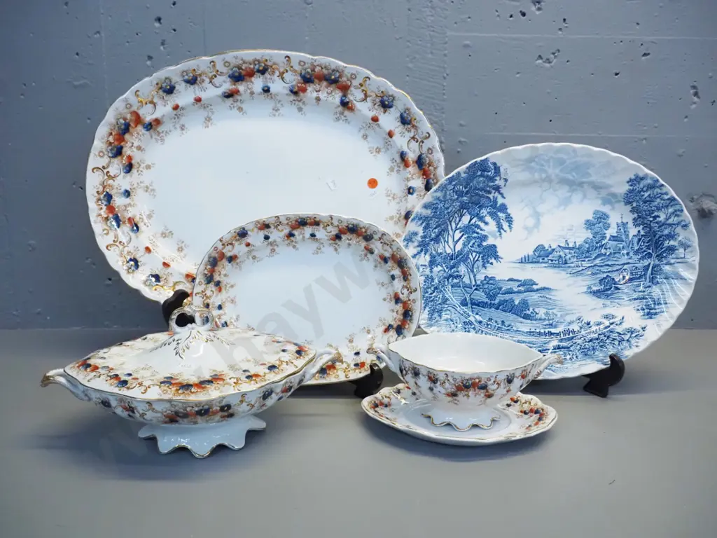 Victorian S. & Co. Brookland pattern china - large and small ashetts, lidded vege, sauce boat & saucer - and a blue & Image 1++