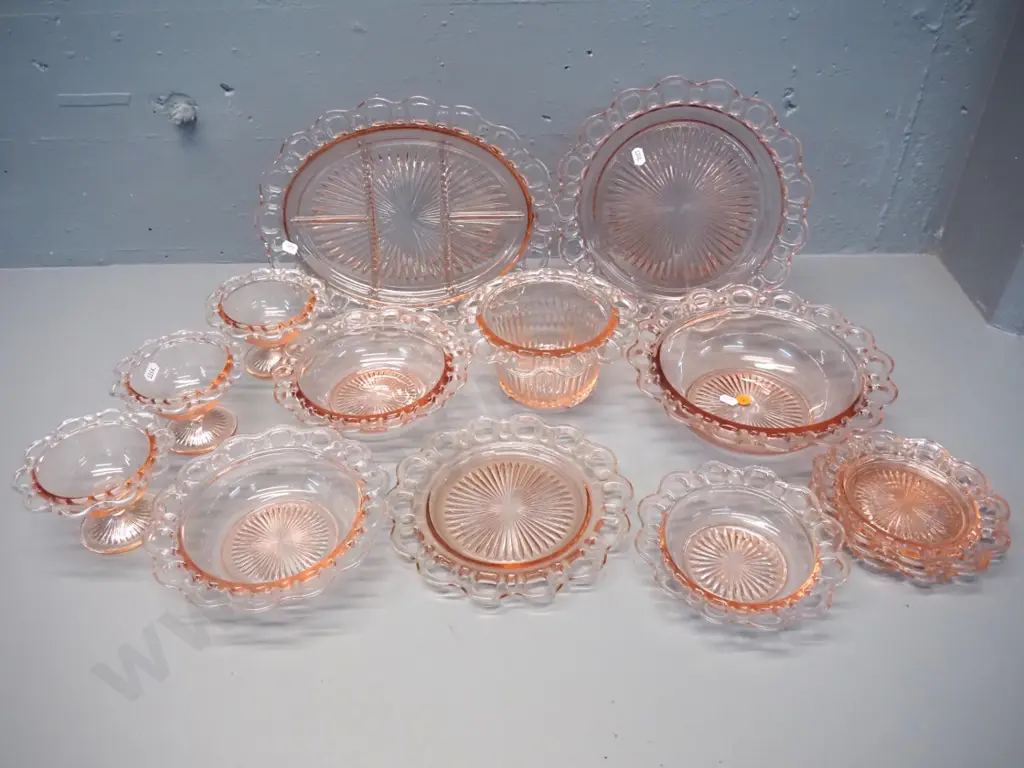 14 pieces of moulded pink pierced-rim depression glass. Largest bowl is D-240, larger oval plate is L-320 Image 1++